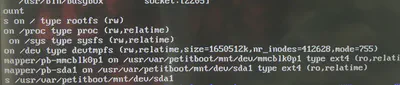 A picture of a screen with misaligned lines of text; one of the legible parts reads “mapper/pb-sda1 on /usr/var/petitboot/mnt/dev/sda1 type ext4 (ro,relatime)”.